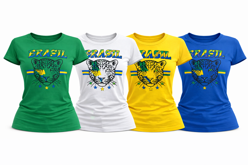 Camiseta T-Shirt Com Estampa Silk Brasil Onça Feminina