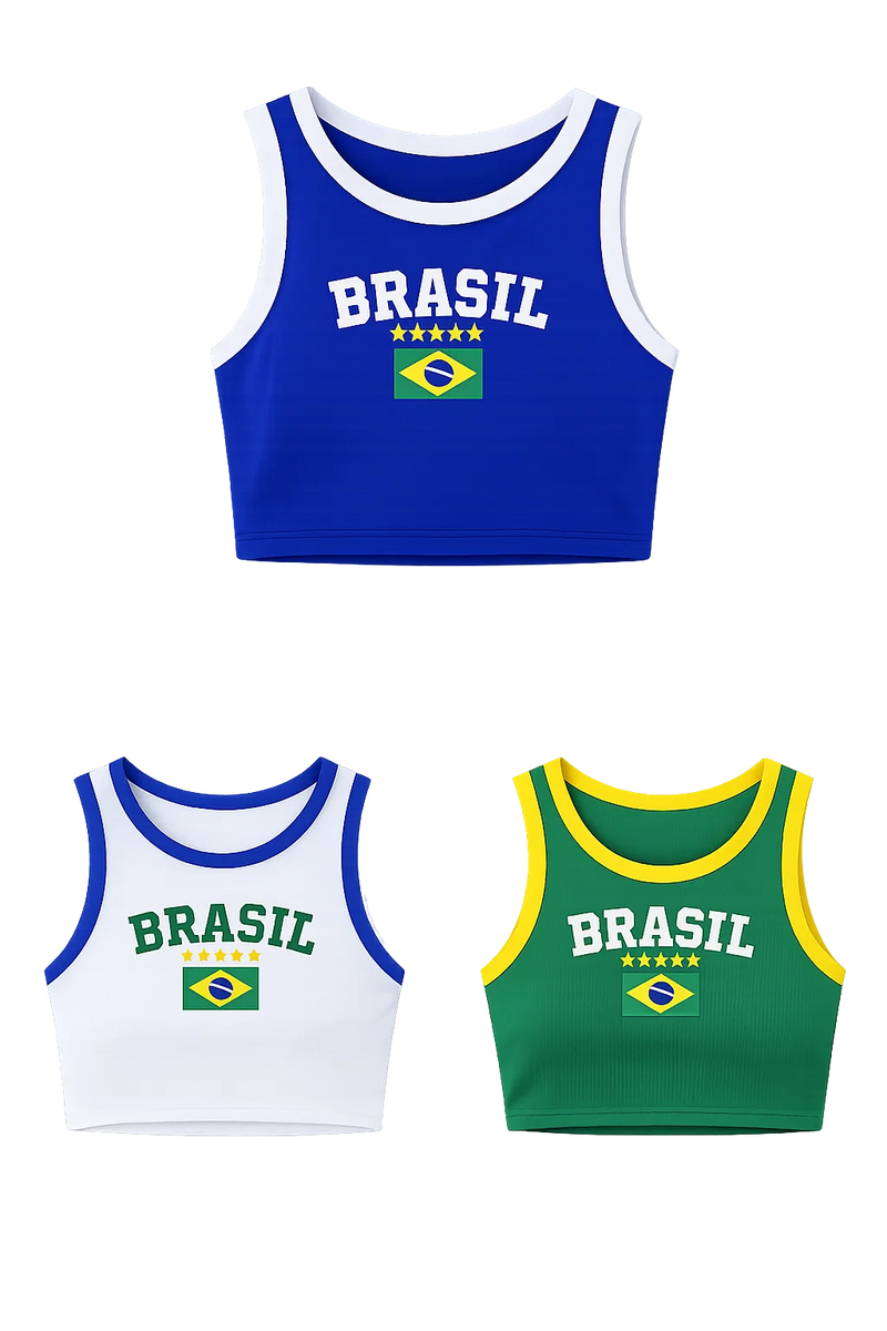 Top Cropped Canelado Feminino Regata Brasil Copa do Mundo